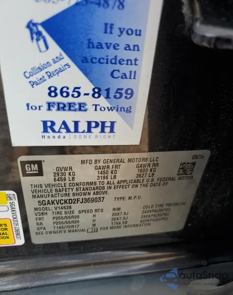 2015 Buick Enclave из США, поврежденный, VIN 5GAKVCKD2FJ369037